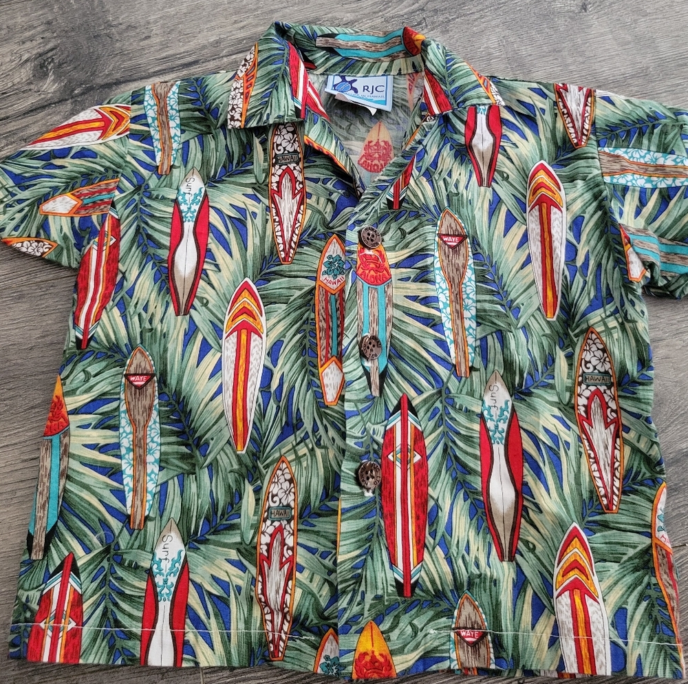 Vintage RJC Hawaiian Aloha Buttondown Shirt Surfboards Tropical Size 18M Boys